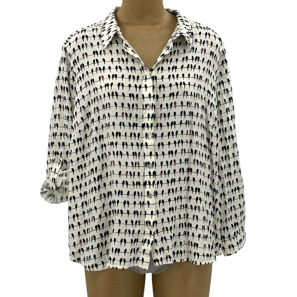 Jane and Delancey Women’s Blouse Birds Tab Sleeve Button Rayon Shirt Plus 1X